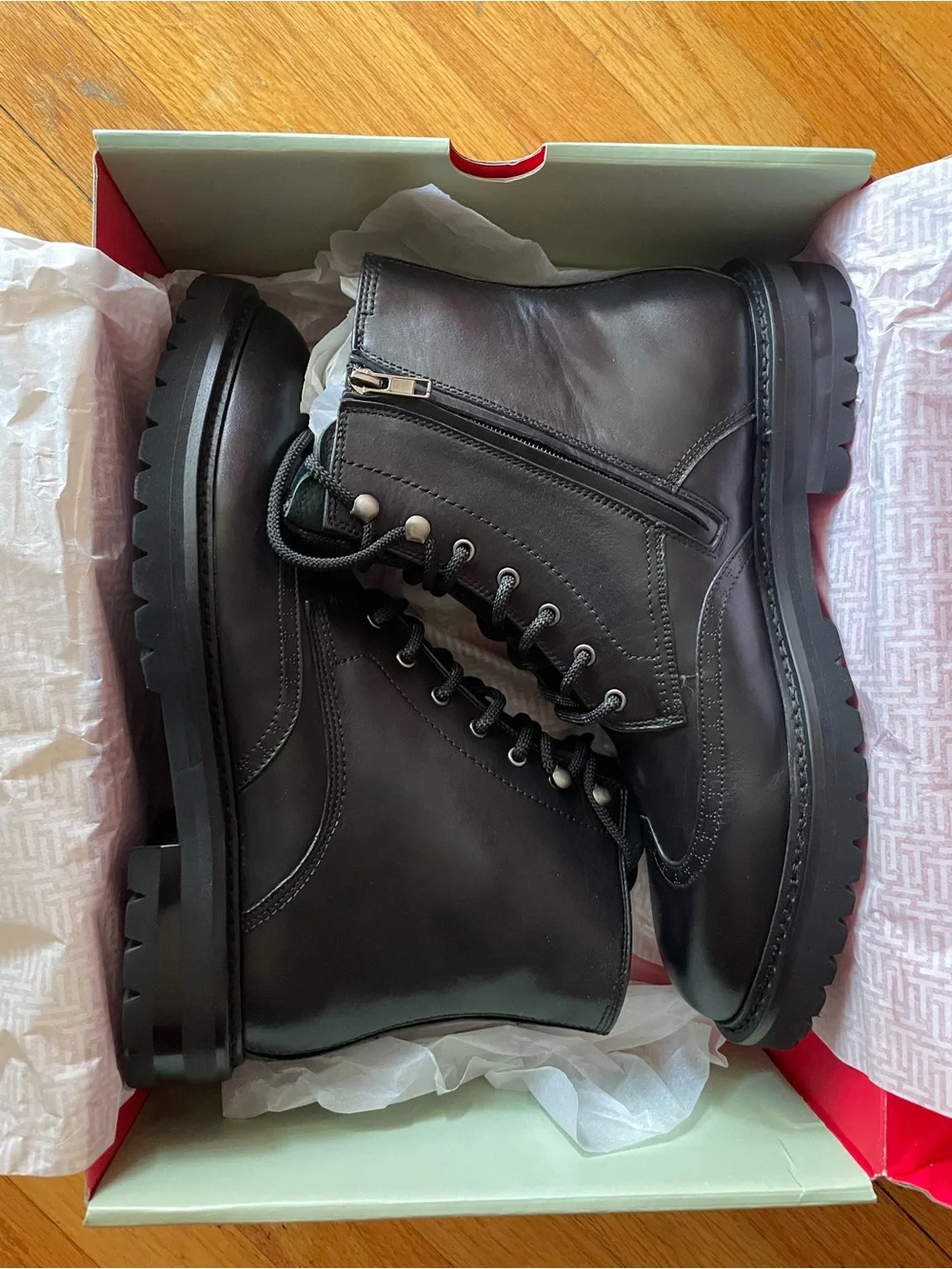 Ted Baker Black Leather Lace-Up Boots with Green Tongue Accents